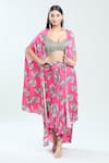 Buy_Priti Sahni_Fuchsia Satin Silk Printed Floral Blouse Sweetheart Cape Draped Skirt Set _at_Aza_Fashions