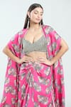 Buy_Priti Sahni_Fuchsia Satin Silk Printed Floral Blouse Sweetheart Cape Draped Skirt Set _Online_at_Aza_Fashions