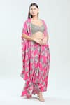 Priti Sahni_Fuchsia Satin Silk Printed Floral Blouse Sweetheart Cape Draped Skirt Set _at_Aza_Fashions