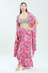 Buy_Priti Sahni_Fuchsia Satin Silk Printed Floral Blouse Sweetheart Cape Draped Skirt Set 