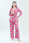 Buy_Priti Sahni_Fuchsia Satin Silk Printed Floral Lapel Collar Blazer And Pant Set _at_Aza_Fashions