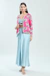 Buy_Priti Sahni_Pink Satin Silk Printed Floral Blouse Embroidered Jacket Draped Skirt Set 