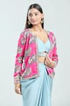 Shop_Priti Sahni_Pink Satin Silk Printed Floral Blouse Embroidered Jacket Draped Skirt Set 