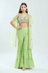 Buy_Priti Sahni_Green Raw Silk Embroidered Mirror V Neck Cape Sharara Set _at_Aza_Fashions