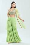 Shop_Priti Sahni_Green Raw Silk Embroidered Mirror V Neck Cape Sharara Set _Online_at_Aza_Fashions