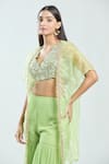 Priti Sahni_Green Raw Silk Embroidered Mirror V Neck Cape Sharara Set _at_Aza_Fashions