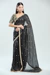 Priti Sahni_Black Raw Silk Embroidered Resham V Neck Saree With Blouse _Online_at_Aza_Fashions