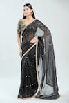 Buy_Priti Sahni_Black Raw Silk Embroidered Resham V Neck Saree With Blouse _Online_at_Aza_Fashions