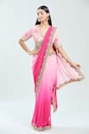 Buy_Priti Sahni_Pink Georgette Embroidered Sequin V Neck Pre-draped Saree With Blouse _at_Aza_Fashions