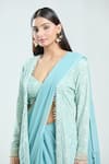 Shop_Priti Sahni_Blue Georgette Embroidered Thread Sweetheart Plain Pre-draped Saree With Jacket _Online_at_Aza_Fashions