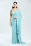 Priti Sahni_Blue Georgette Embroidered Thread Sweetheart Plain Pre-draped Saree With Jacket _at_Aza_Fashions