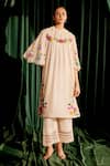 Buy_Chandrima_Ivory Chanderi Embroidery Floral Round 3d Applique Yoke Kurta With Pant _at_Aza_Fashions