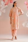 Buy_Chandrima_Peach Chanderi Embroidery Paisley Round Kurta With Pant _at_Aza_Fashions