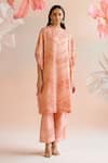 Buy_Chandrima_Peach Silk Organza Embroidery Floral Round Beads Kaftan _at_Aza_Fashions