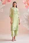 Buy_Chandrima_Green Chanderi Embroidery Floral Round Cutwork Kurta With Pant 