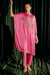 Buy_Chandrima_Pink Kaftan Silk Satin Embroidery Floral Round Bead With Pant _at_Aza_Fashions