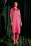 Chandrima_Pink Kaftan Silk Satin Embroidery Floral Round Bead With Pant _Online_at_Aza_Fashions