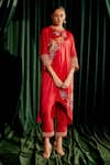 Buy_Chandrima_Red Kaftan Silk Satin Embroidery Floral Round Bead Kimono Kurta With Pant _at_Aza_Fashions