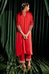 Shop_Chandrima_Red Kaftan Silk Satin Embroidery Floral Round Bead Kimono Kurta With Pant _at_Aza_Fashions