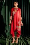 Chandrima_Red Kaftan Silk Satin Embroidery Floral Round Bead Kimono Kurta With Pant _Online_at_Aza_Fashions