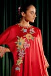 Shop_Chandrima_Red Kaftan Silk Satin Embroidery Floral Round Bead Kimono Kurta With Pant _Online_at_Aza_Fashions