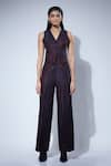 FEBO6_Black 100% Silk Thread V Neck Harmony Detailed Waistcoat And Pants Set _Online_at_Aza_Fashions