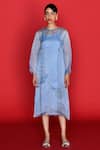 Buy_FEBo6_Blue Tunic Organza Satin Thread Kurta And Inner Round Native Detailed _Online_at_Aza_Fashions