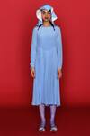 Buy_Febo6_Blue Silk Crepe Solid Round Elemental Box-pleated Dress _at_Aza_Fashions