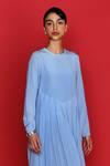 Shop_Febo6_Blue Silk Crepe Solid Round Elemental Box-pleated Dress _Online_at_Aza_Fashions