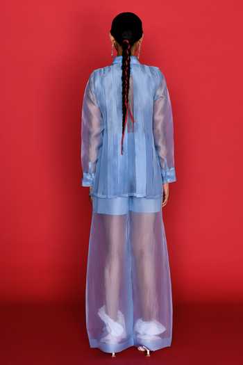 Febo6_Blue Organza Shawl Neck Elemental Pleated Shirt With Sheer Pant _Online_at_Aza_Fashions