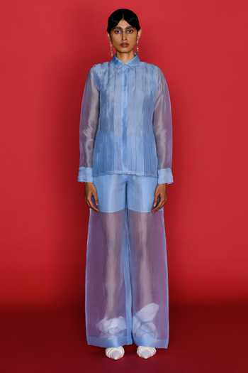 Buy_Febo6_Blue Organza Shawl Neck Elemental Pleated Shirt With Sheer Pant _Online_at_Aza_Fashions