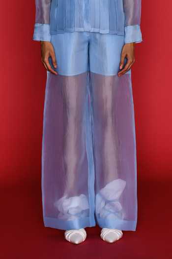 Shop_Febo6_Blue Organza Shawl Neck Elemental Pleated Shirt With Sheer Pant _Online_at_Aza_Fashions