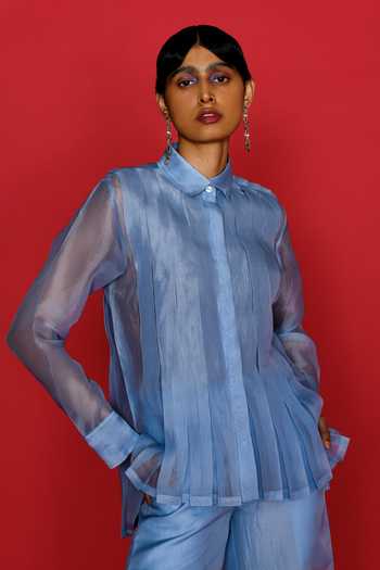 Shop_Febo6_Blue Organza Shawl Neck Elemental Pleated Shirt With Sheer Pant _at_Aza_Fashions