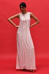 Buy_Febo6_Off White Silk, Crepe Embroidery Round Grid Fluidity Threadwork Striped Dress _at_Aza_Fashions