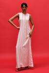 Buy_Febo6_Off White Silk, Crepe Embroidery Round Grid Fluidity Threadwork Striped Dress _Online_at_Aza_Fashions