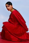 Shop_FEBo6_Red Cotton Silk Textured Cerise Accordion Layered Pleated Skirt _at_Aza_Fashions