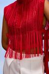 FEBO6_Red Gillet Organza Sequin Gilet Round Cerise Thraedwork With Bustier _at_Aza_Fashions