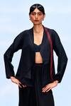 Buy_FEBo6_Black Silk Threadwork Shawl Collar Wave Asymmetric Panel Jacket _at_Aza_Fashions