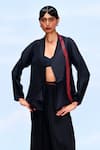 FEBo6_Black Silk Threadwork Shawl Collar Wave Asymmetric Panel Jacket _Online_at_Aza_Fashions