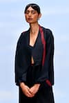 Buy_FEBo6_Black Silk Threadwork Shawl Collar Wave Asymmetric Panel Jacket _Online_at_Aza_Fashions