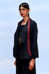 Shop_FEBo6_Black Silk Threadwork Shawl Collar Wave Asymmetric Panel Jacket _Online_at_Aza_Fashions