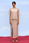 FEBo6_Beige 100% Silk Crepe Plain Band Collar Symmetry Pleated Top And Skirt Set _Online_at_Aza_Fashions