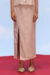 Buy_FEBo6_Beige 100% Silk Crepe Plain Band Collar Symmetry Pleated Top And Skirt Set _Online_at_Aza_Fashions