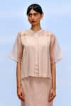 Shop_FEBo6_Beige 100% Silk Crepe Plain Band Collar Symmetry Pleated Top And Skirt Set _Online_at_Aza_Fashions