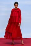 Buy_FEBo6_Red Cotton Silk Plain Round Cerise Accordion Pleated Top And Skirt Set _at_Aza_Fashions