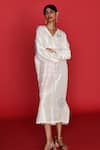 Buy_FEBo6_Off White Kaftan Dress 100% Silk Embroidery Thread V Neck Native French Knots _at_Aza_Fashions