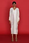 FEBo6_Off White Kaftan Dress 100% Silk Embroidery Thread V Neck Native French Knots _Online_at_Aza_Fashions