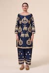 Samyukta Singhania_Blue Kurta And Salwar Raw Silk Embellished Aari Boat Elephant Embroidered Set _Online_at_Aza_Fashions