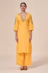 Samyukta Singhania_Yellow French Crepe Embroidered Zari Plunge V-neck Border Kurta With Pant _Online_at_Aza_Fashions