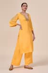 Buy_Samyukta Singhania_Yellow French Crepe Embroidered Zari Plunge V-neck Border Kurta With Pant _Online_at_Aza_Fashions